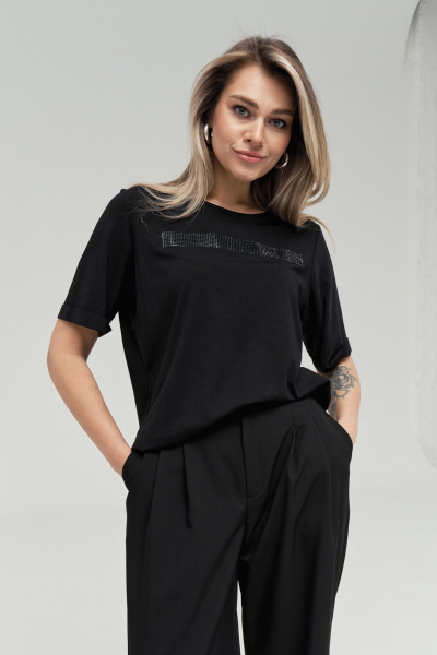Стильная футболка со стразами из трикотажа для ежедневных образов GRATTO 4364 черный_полоска - фото 4