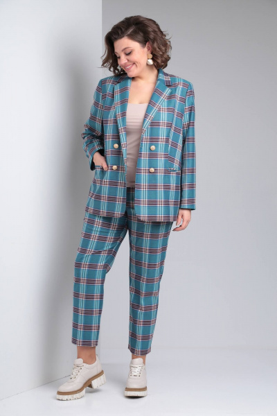 Брюки, жакет Vilena 955 бирюза+клетка - фото 2