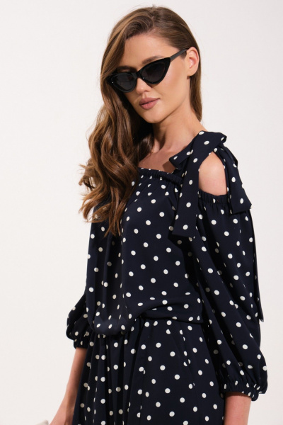 Круглогодичный комбинезон палаццо со вставками из текстиля и резинками VI ORO VR-1121 темно-синий/горох - фото 7