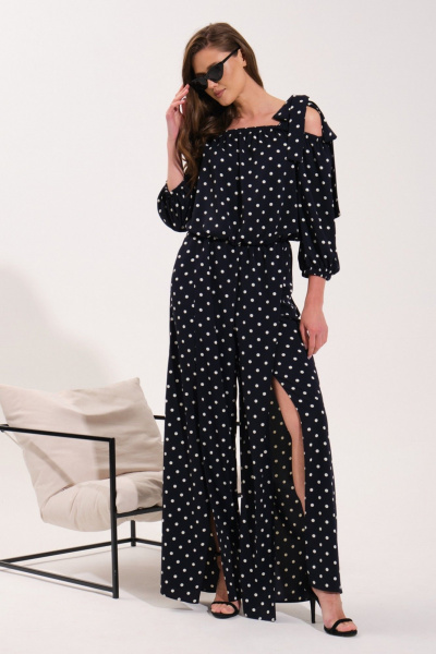 Круглогодичный комбинезон палаццо со вставками из текстиля и резинками VI ORO VR-1121 темно-синий/горох - фото 2