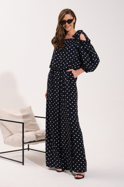 Круглогодичный комбинезон палаццо со вставками из текстиля и резинками VI ORO VR-1121 темно-синий/горох - фото 5