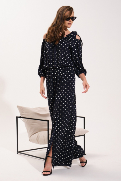Круглогодичный комбинезон палаццо со вставками из текстиля и резинками VI ORO VR-1121 темно-синий/горох - фото 4