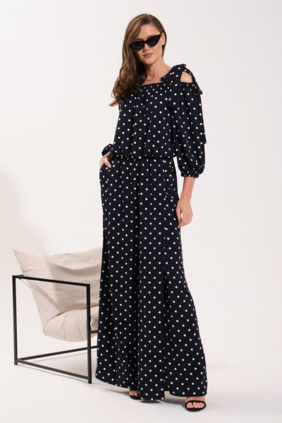 Круглогодичный комбинезон палаццо со вставками из текстиля и резинками VI ORO VR-1121 темно-синий/горох - фото 3