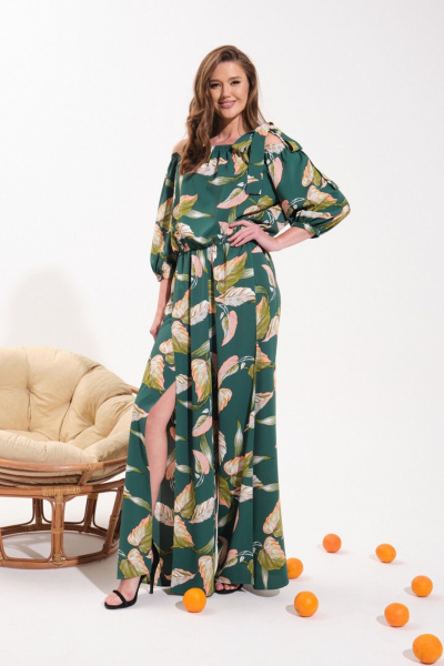 Круглогодичный комбинезон палаццо с декоративными бретелями и разрезом VI ORO VR-1121 зеленый - фото 2
