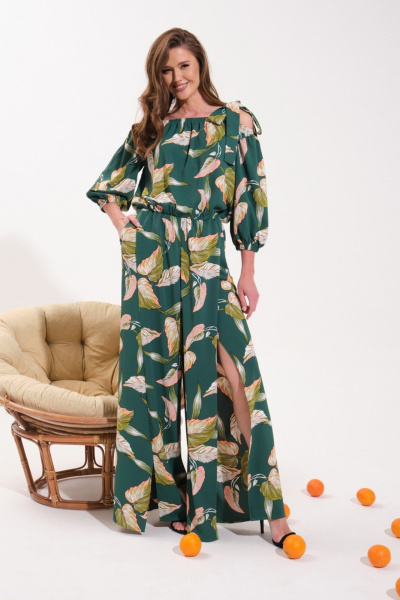 Круглогодичный комбинезон палаццо с декоративными бретелями и разрезом VI ORO VR-1121 зеленый - фото 1