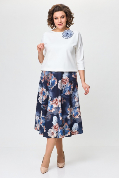 Джемпер, юбка T&N 7501 молочный+синие_цветы - фото 2