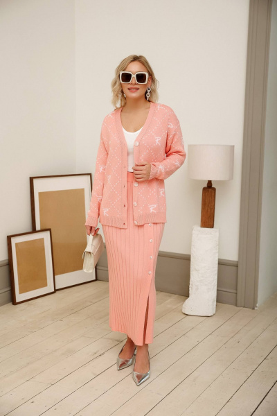 Розовый кардиган из хлопкового трикотажа с воротом Romgil РВ0017-ХЛ2 розовый персик, белый - фото 6