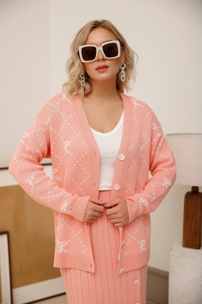 Розовый кардиган из хлопкового трикотажа с воротом Romgil РВ0017-ХЛ2 розовый персик, белый - фото 4