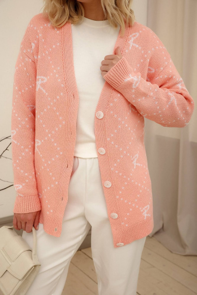 Розовый кардиган из хлопкового трикотажа с воротом Romgil РВ0017-ХЛ2 розовый персик, белый - фото 3