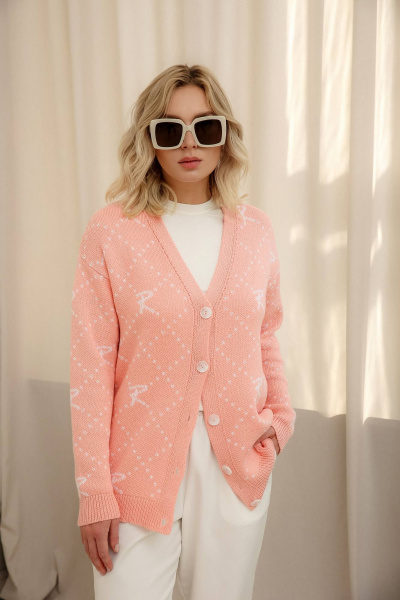 Розовый кардиган из хлопкового трикотажа с воротом Romgil РВ0017-ХЛ2 розовый персик, белый - фото 1