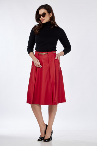 Юбка из эко-кожи со складками и карманами Klever 225 алый_матовый - фото 8