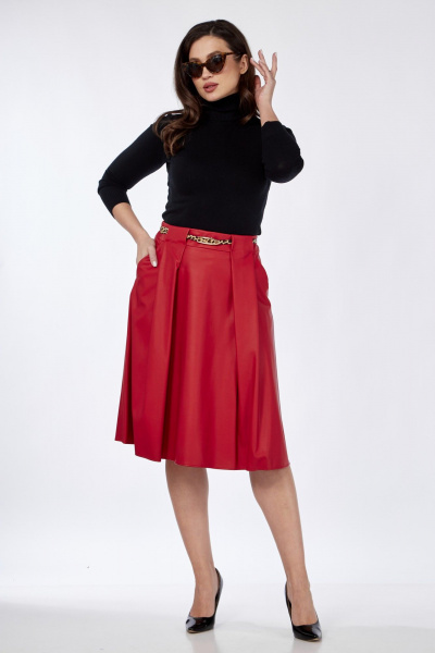 Юбка из эко-кожи со складками и карманами Klever 225 алый_матовый - фото 4