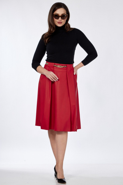Юбка из эко-кожи со складками и карманами Klever 225 алый_матовый - фото 3