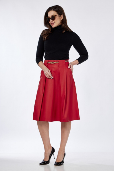 Юбка из эко-кожи со складками и карманами Klever 225 алый_матовый - фото 2