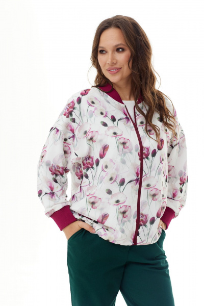 Бомбер свободного кроя из трикотажа и шифона Магия моды 2301 белый-бордо_цветы - фото 6