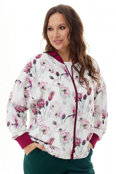 Бомбер свободного кроя из трикотажа и шифона Магия моды 2301 белый-бордо_цветы - фото 5