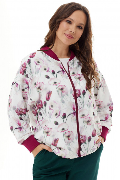 Бомбер свободного кроя из трикотажа и шифона Магия моды 2301 белый-бордо_цветы - фото 1