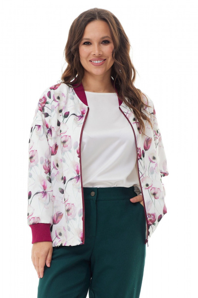 Бомбер свободного кроя из трикотажа и шифона Магия моды 2301 белый-бордо_цветы - фото 4