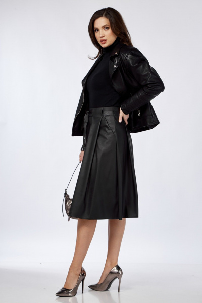 Демисезонная кожаная юбка-карандаш с складками и карманами Klever 225 черный_матовый - фото 7