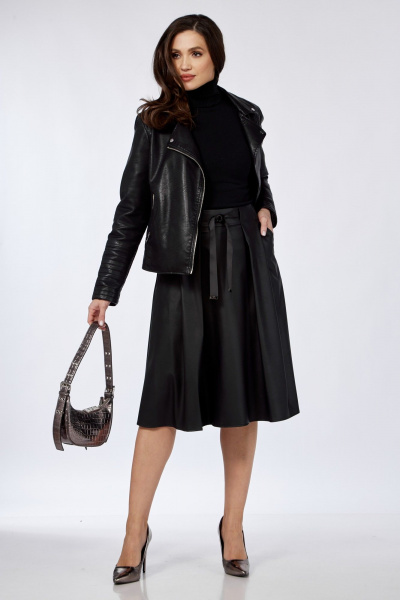 Демисезонная кожаная юбка-карандаш с складками и карманами Klever 225 черный_матовый - фото 5