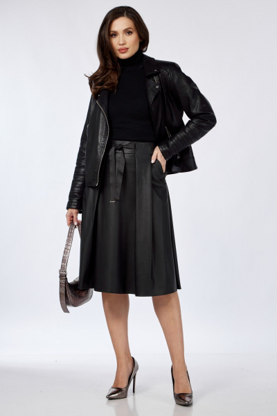 Демисезонная кожаная юбка-карандаш с складками и карманами Klever 225 черный_матовый - фото 3