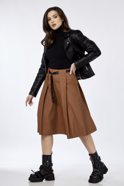 Демисезонная кожаная юбка с складками и поясом из репса Klever 225 кемел(пыльный_рыжий) - фото 6