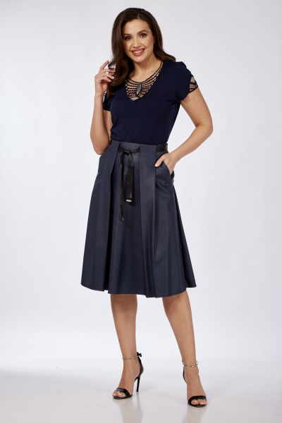 Демисезонная кожаная юбка с карманами и складками Klever 225 синий_матовый - фото 6