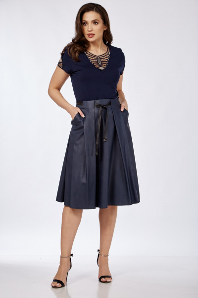 Демисезонная кожаная юбка с карманами и складками Klever 225 синий_матовый - фото 5