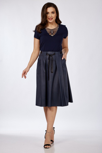 Демисезонная кожаная юбка с карманами и складками Klever 225 синий_матовый - фото 3