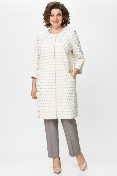 Демисезонный бежевый удлиненный кардиган из текстиля и хлопка БелЭльСтиль 727-2 91 22 молочный - фото 4