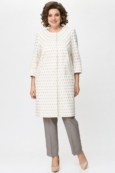 Демисезонный бежевый удлиненный кардиган из текстиля и хлопка БелЭльСтиль 727-2 91 22 молочный - фото 1