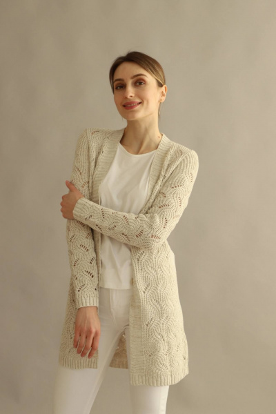 Бежевый кардиган из хлопка с ажурным переплетением Romgil 380ТЗ светло-бежевый(164) - фото 3