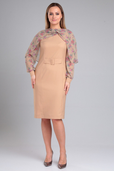 Элегантное бежевое платье с декоративным поясом Angelina & Сompany 964 - фото 3