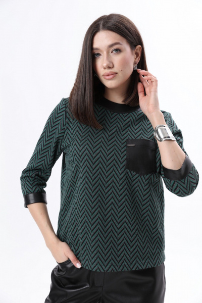 Зеленый трикотажный джемпер с карманом из экокожи LM М9-2 - фото 3