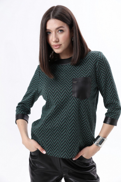 Зеленый трикотажный джемпер с карманом из экокожи LM М9-2 - фото 1
