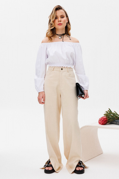 Трикотажные брюки с разрезами и высокой талией KOKOdea 6.17.1_бежевый - фото 2