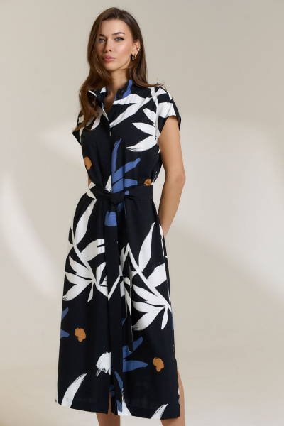Платье прямого силуэта с поясом-завязкой и разрезами DILIA 0836 мультидизайн - фото 3