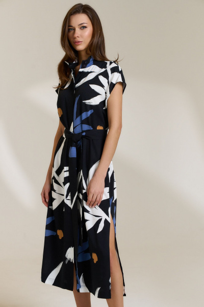 Платье прямого силуэта с поясом-завязкой и разрезами DILIA 0836 мультидизайн - фото 2