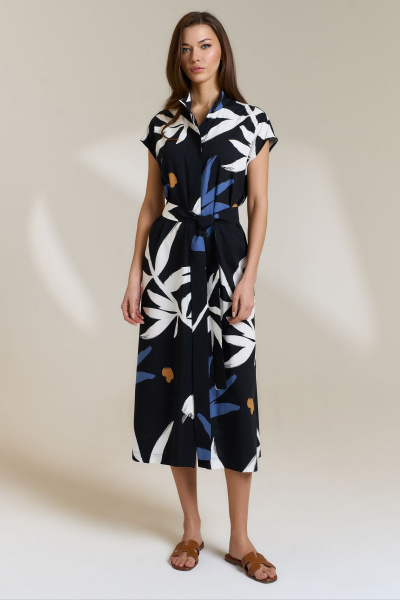 Платье прямого силуэта с поясом-завязкой и разрезами DILIA 0836 мультидизайн - фото 1