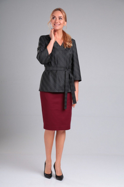 Двухпредметный деловой комплект блузка и юбка из вискозы Gamma Gracia 406 марсала_темно-серый_полоска - фото 3