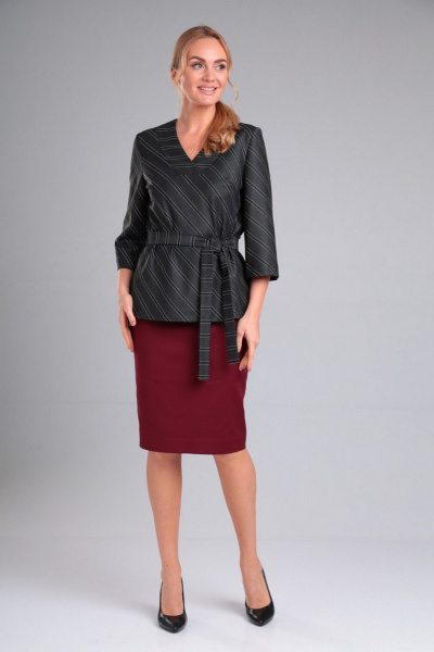 Двухпредметный деловой комплект блузка и юбка из вискозы Gamma Gracia 406 марсала_темно-серый_полоска - фото 2