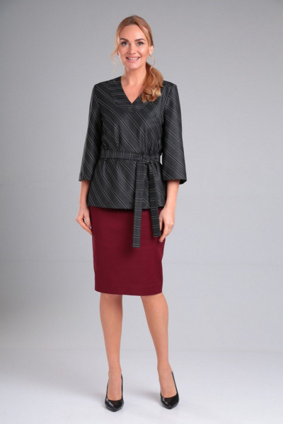 Двухпредметный деловой комплект блузка и юбка из вискозы Gamma Gracia 406 марсала_темно-серый_полоска - фото 1