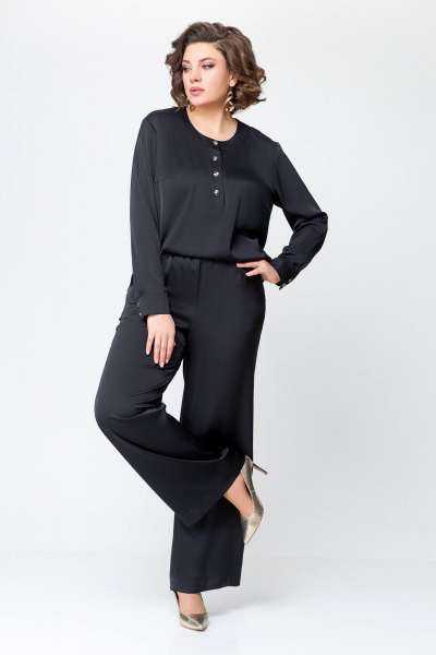 Костюм из сатина с блузой и брюками прямого силуэта Swallow 708 черный - фото 13