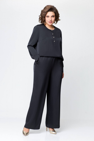 Костюм из сатина с блузой и брюками прямого силуэта Swallow 708 черный - фото 12