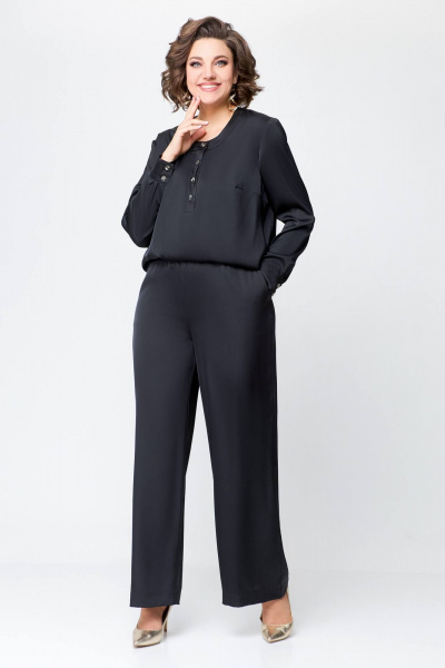 Костюм из сатина с блузой и брюками прямого силуэта Swallow 708 черный - фото 11
