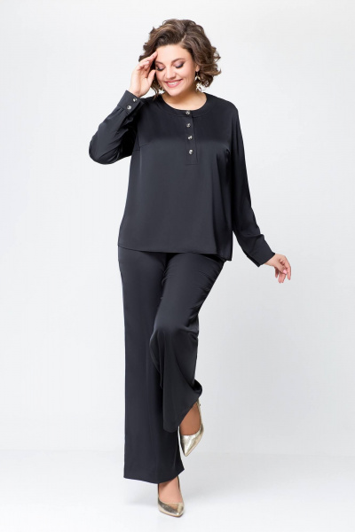 Костюм из сатина с блузой и брюками прямого силуэта Swallow 708 черный - фото 6