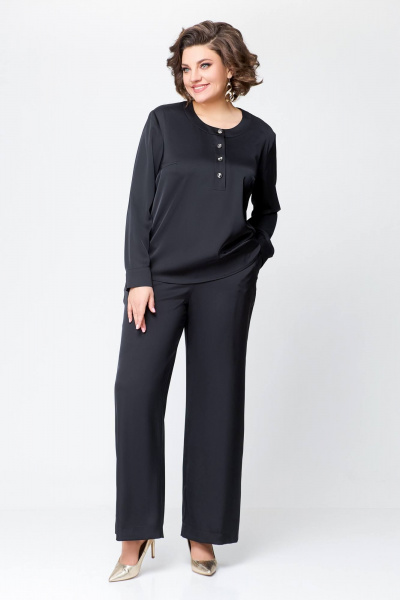Костюм из сатина с блузой и брюками прямого силуэта Swallow 708 черный - фото 3