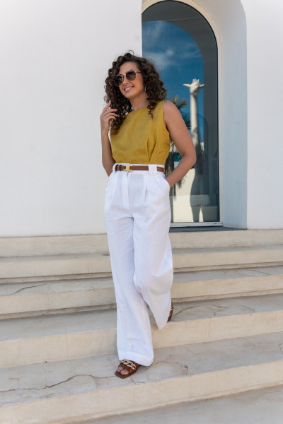 Леновый топ в стиле олд мани с горчичным цветом EZER 1031 горчица - фото 8