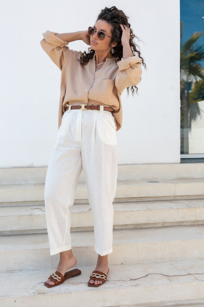 Классические льняные брюки со складками и пуговицей EZER 1032 молочный - фото 20