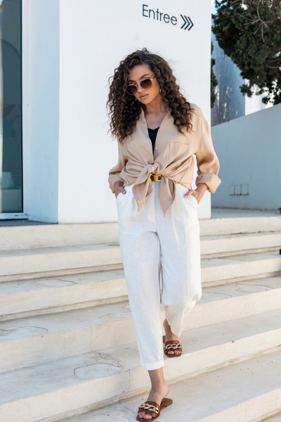 Классические льняные брюки со складками и пуговицей EZER 1032 молочный - фото 19